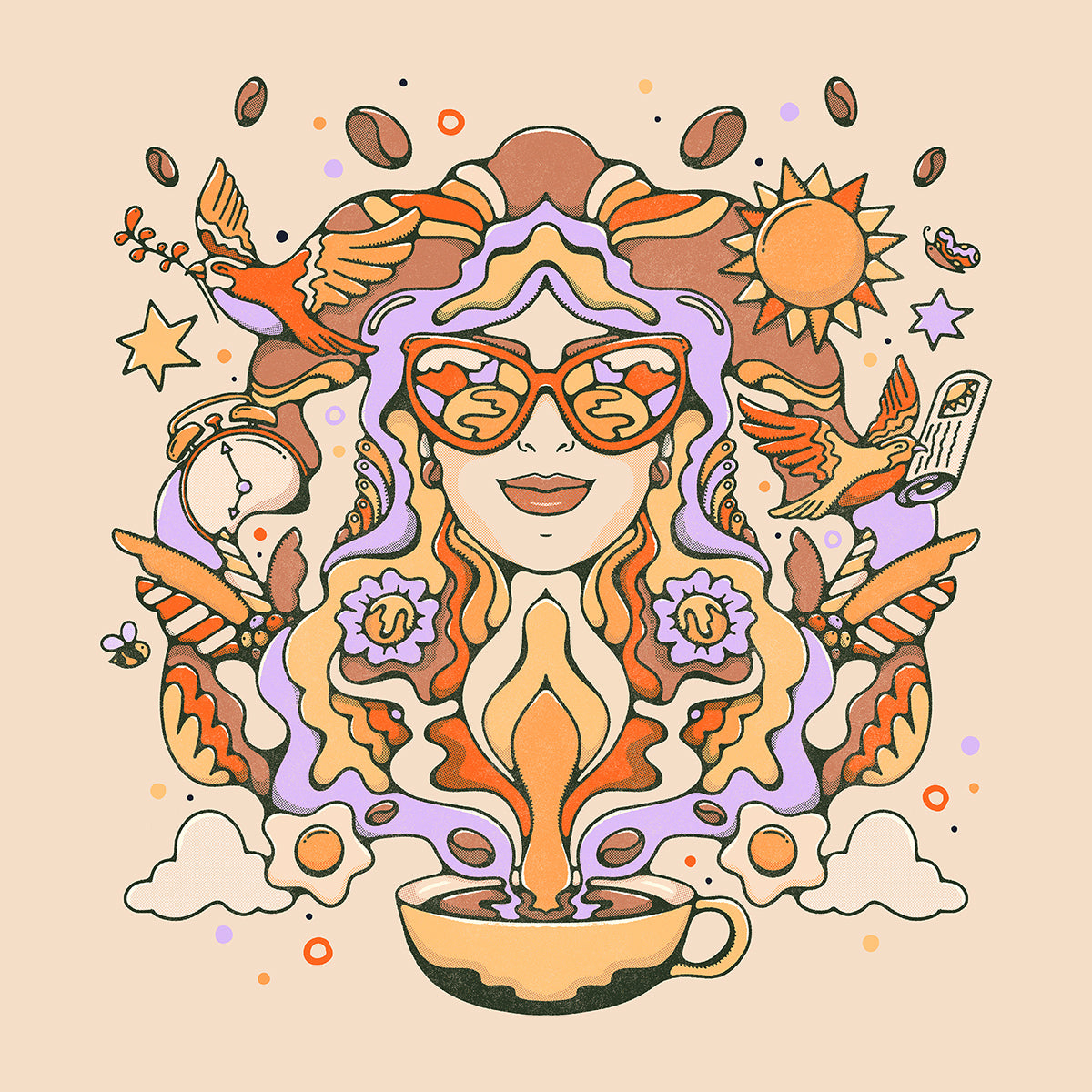 Illustrated female face in sunglasses rising from her morning coffee cup