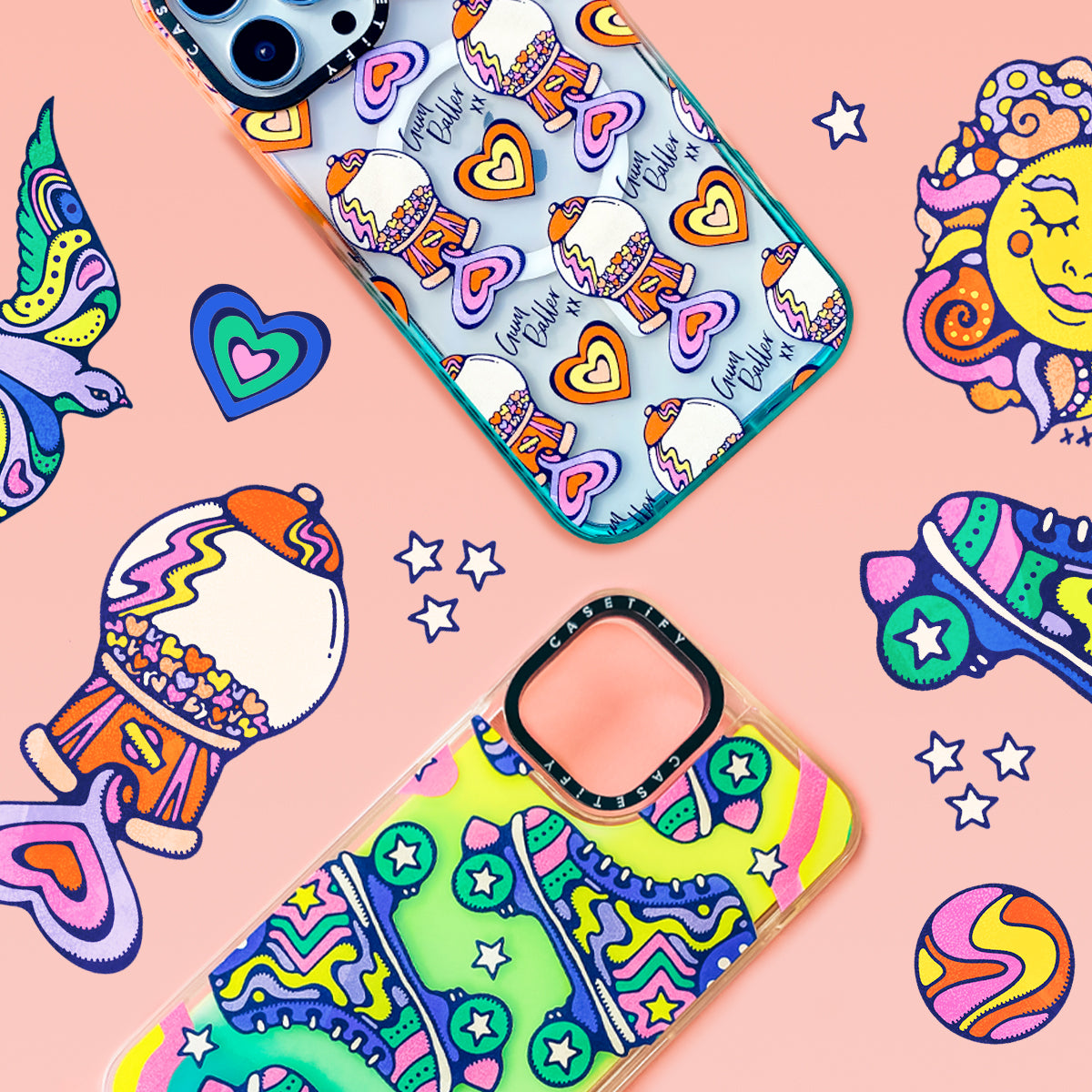 Casetify packaging illustrations of rollerskate, gumball machine and smiley sun