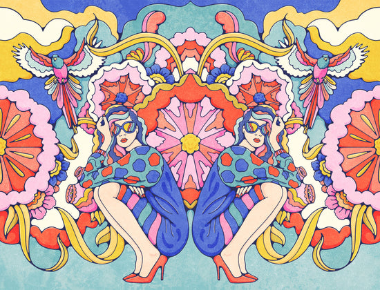 Fashion illustration with twins and a kaleidoscope of vivid flowers, birds and vines.