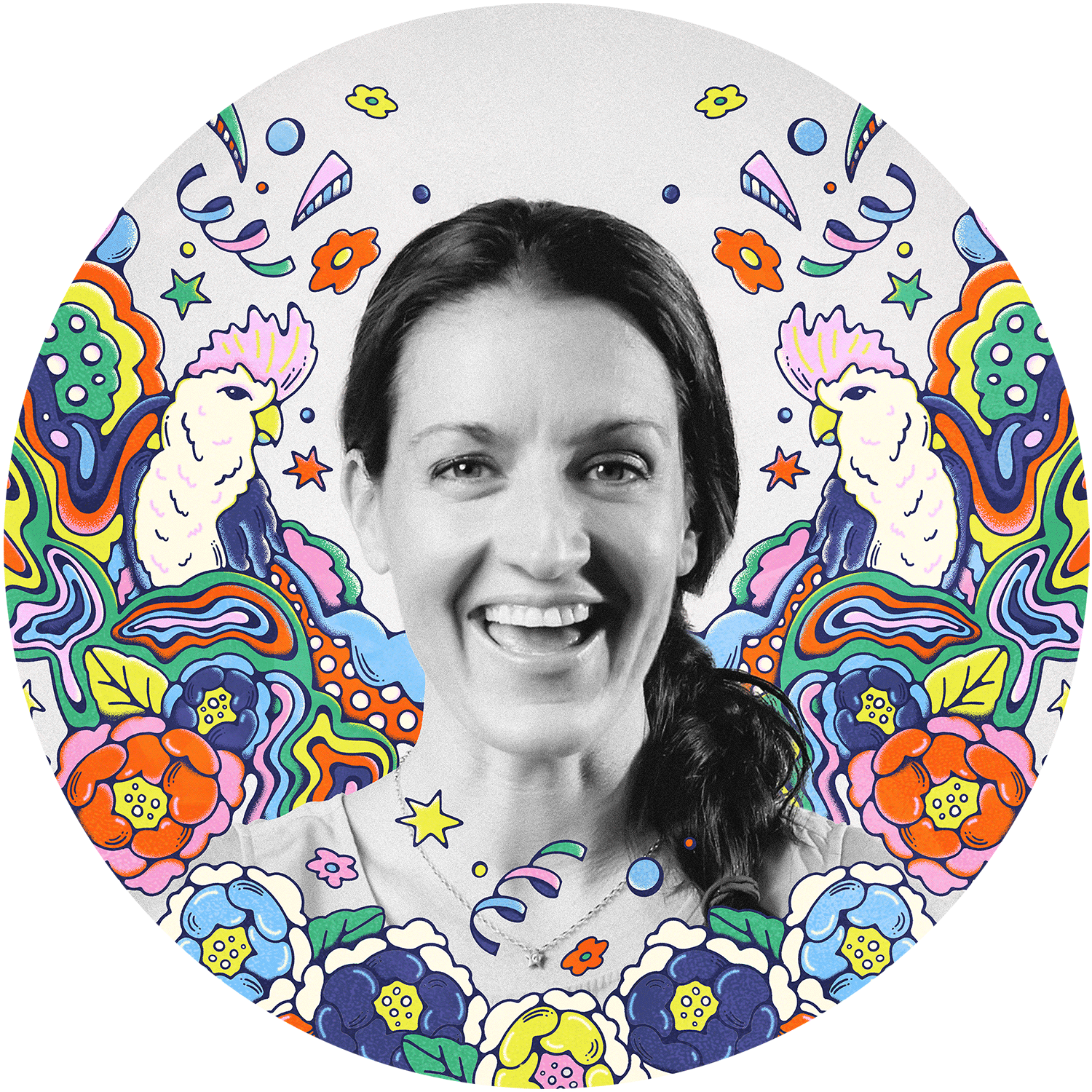 Black and white headshot of Lively Scout surrounded by illustrated elements