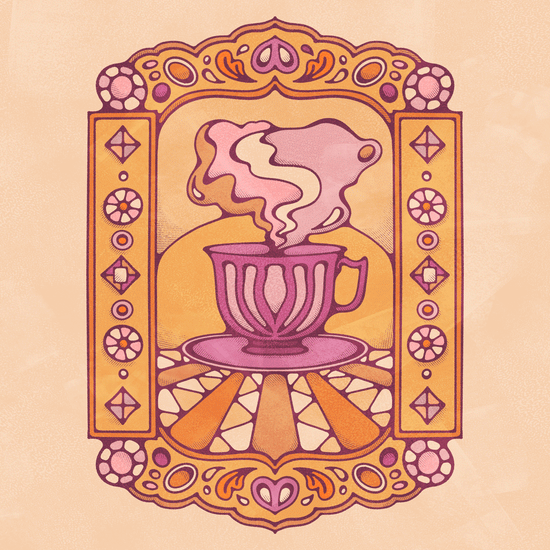 Mystical cup of tea, steaming inside a warm, ornate border design.