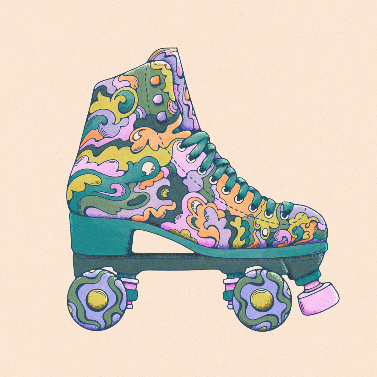 Animated illustration of roller skate in different retro patterns and colours
