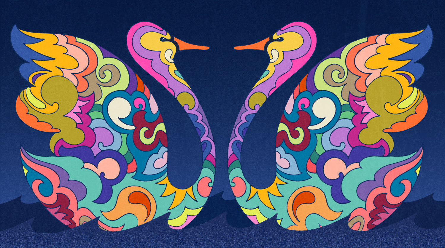 Colorful swan-shaped logo on a dark blue background