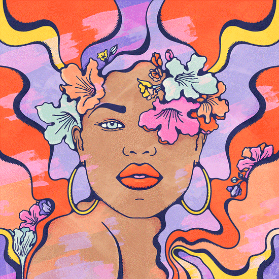 Tropical coloured artwork of a woman, covered in flowers against a psychedelic backdrop, 
