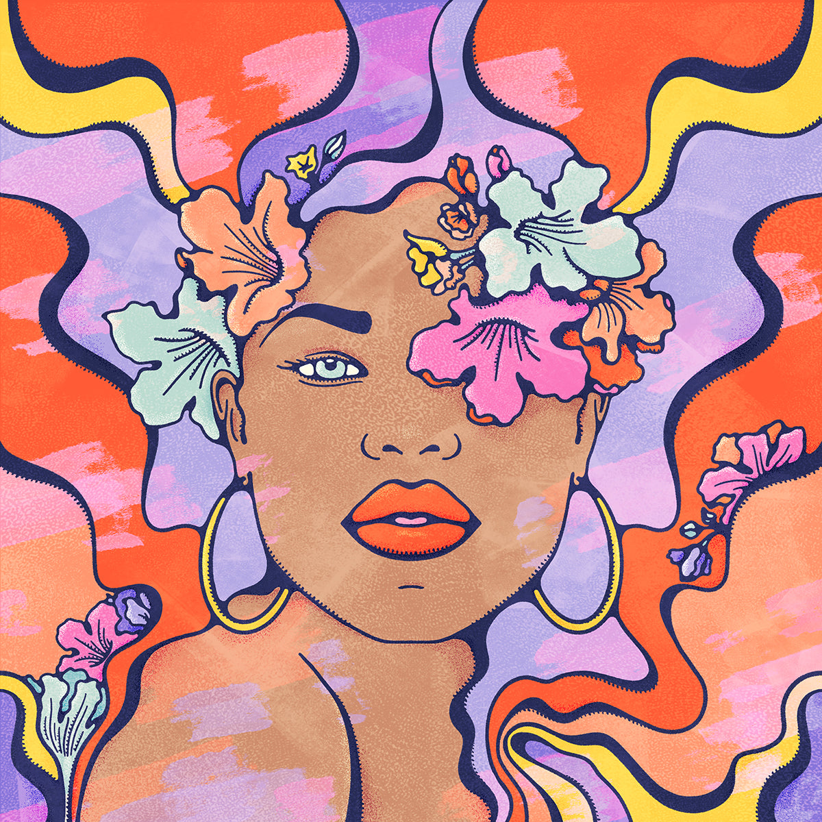 Female portrait artwork in vivd psychedelic colour, covered in flowers 