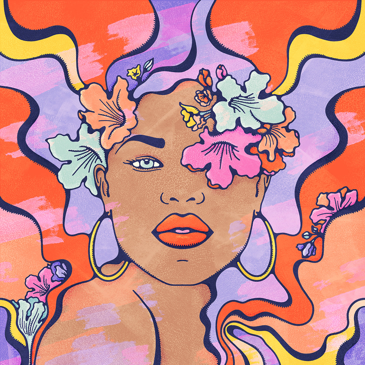 Female portrait artwork in vivd psychedelic colour, covered in flowers
