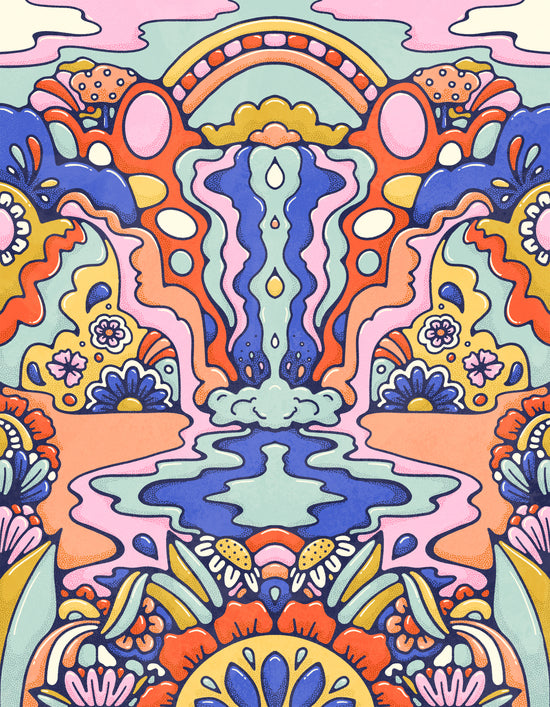 70s inspired surreal waterfall landscape illustration with bold pops of florals, [patterns, shapes and colours.