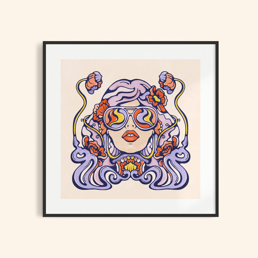 Art-nouveau inspired illustration of a sassy woman in sunglasses