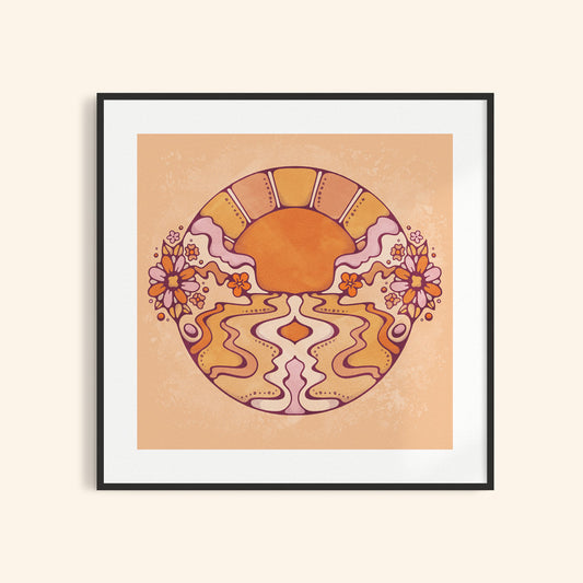 Boho landscape artwork of rippling waves below sunset of flowers in Byron Bay