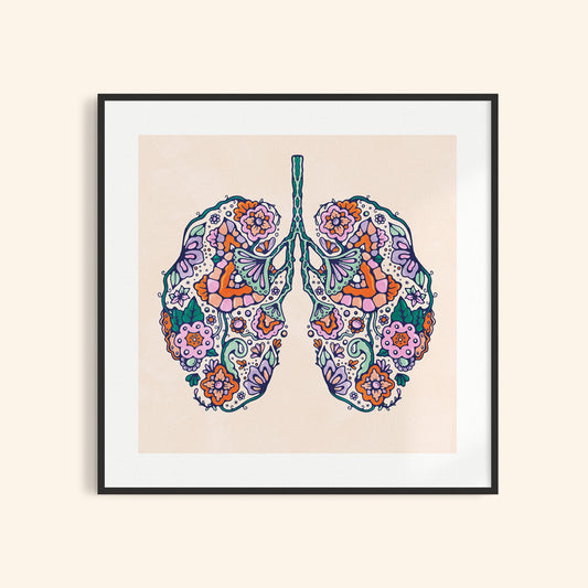 Art print of lungs made from flowers and groovy organic swirls.