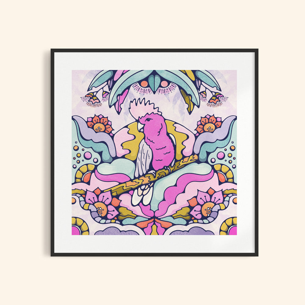 Pink galah bird art perched in a psychedelic bush landscape