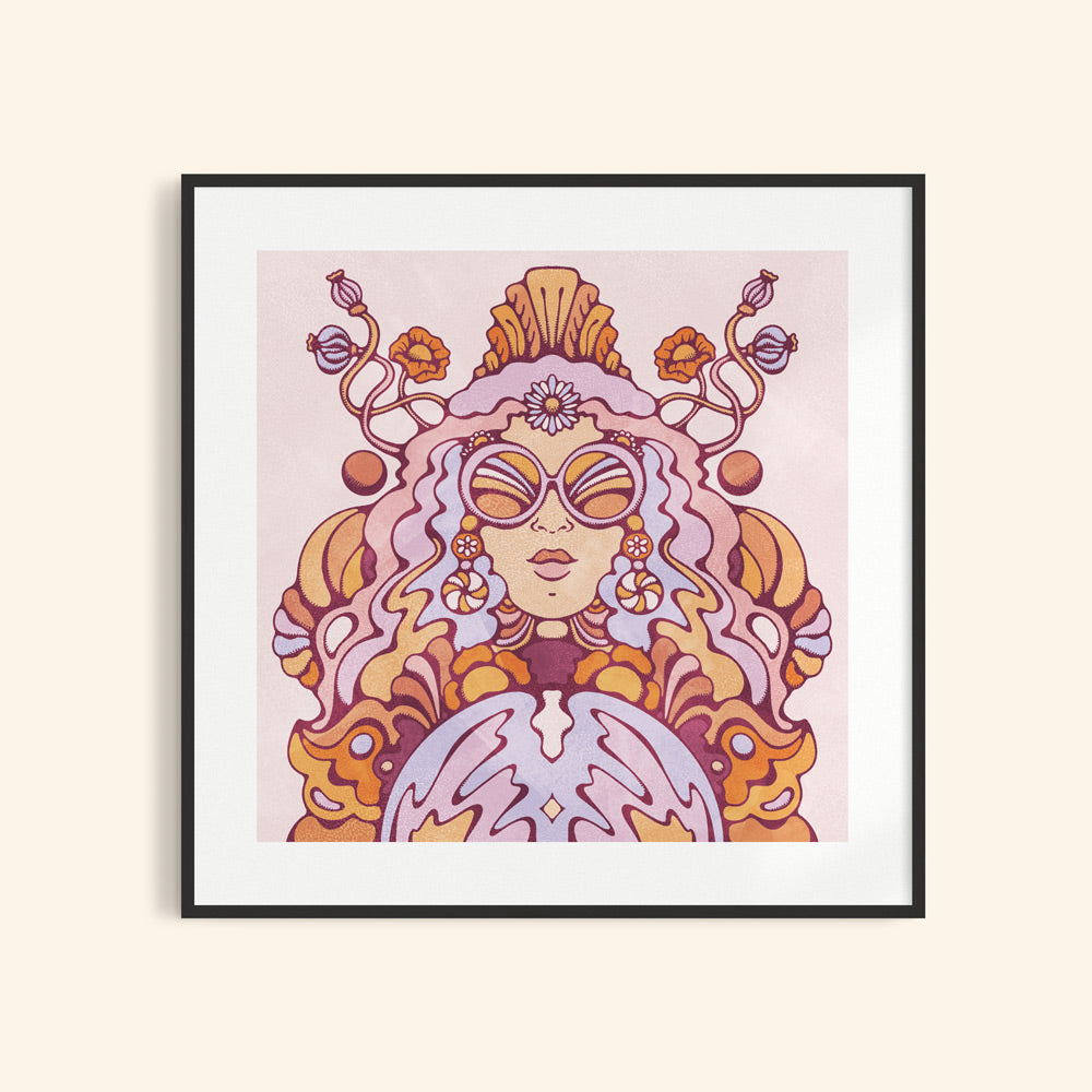 Retro-style mystic woman art print gazing into her crystal ball with sunglasses