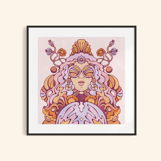 Retro-style mystic woman art print gazing into her crystal ball with sunglasses