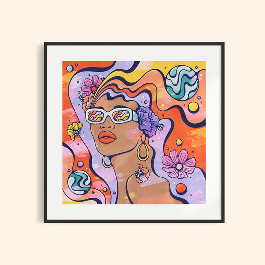 Fine art print of a dynamic woman against bright Modern-pop psychedelic patterns