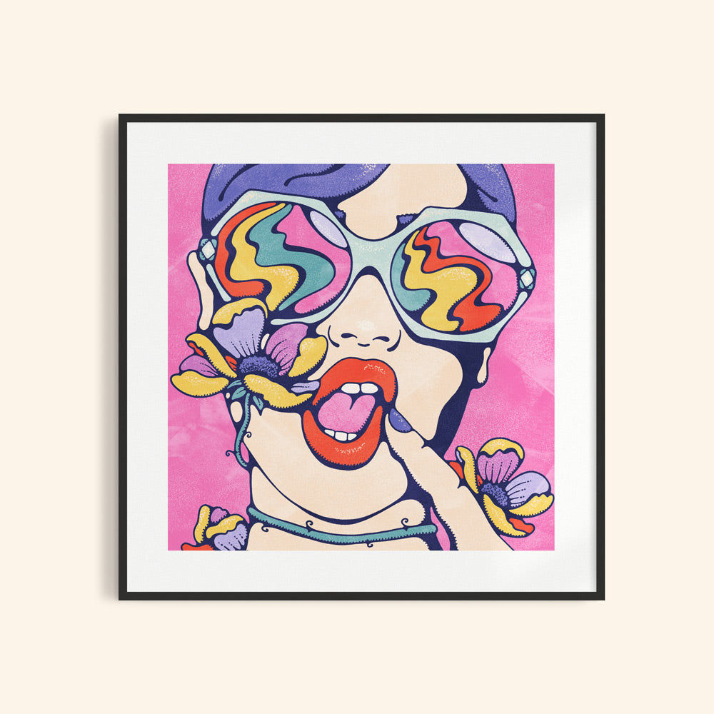 80s style artwork of a strong woman with attitude, strangled by flowers