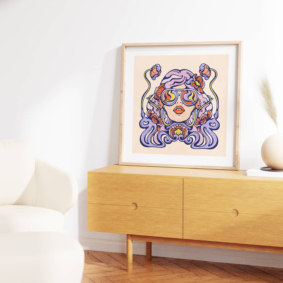 East rider female portrait in poster art print with nouveau border detail