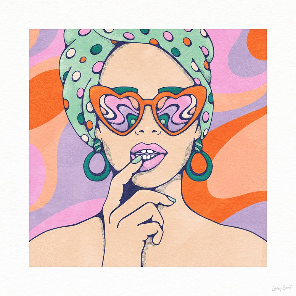 Contemporary artwork of female in towel wrapped head and groovy sunglasses practicing self care