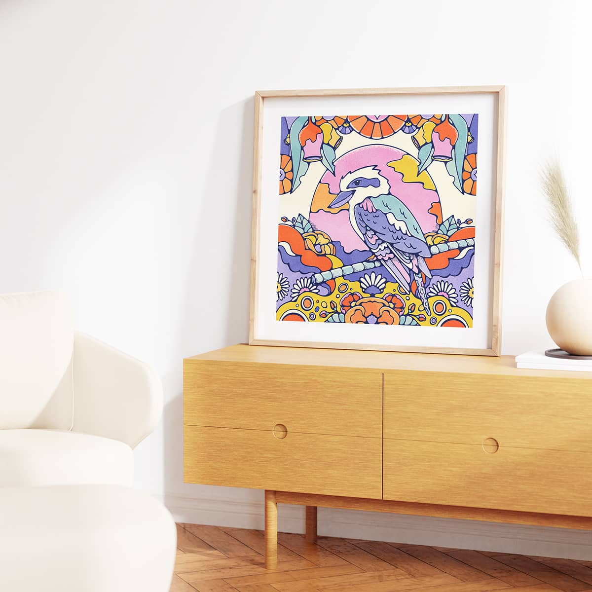 Bright and beautiful kookaburra artwork surrounded by eucalyptus trees.