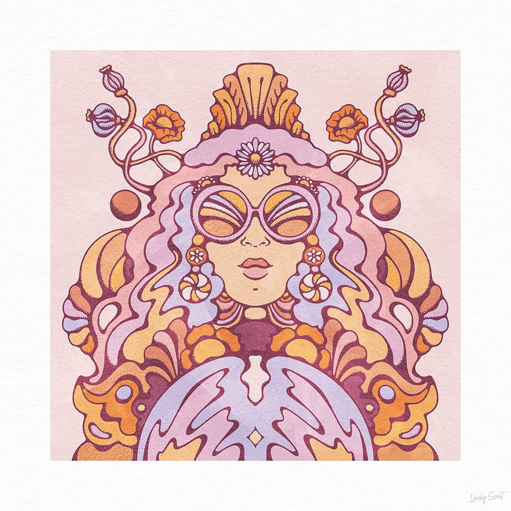 60s style artwork of a female tarot reader in soft purple and gold