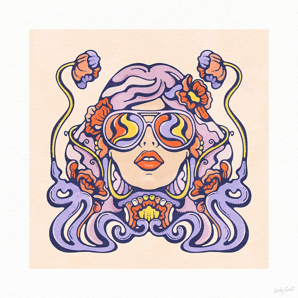 Fine art print in pop art style of 70s woman in bold glasses