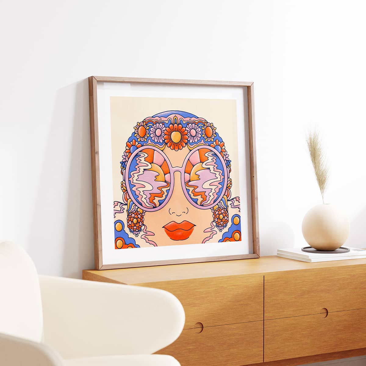 Retro woman bather portrait in blue and red bathing cap, set in scandi bedroom