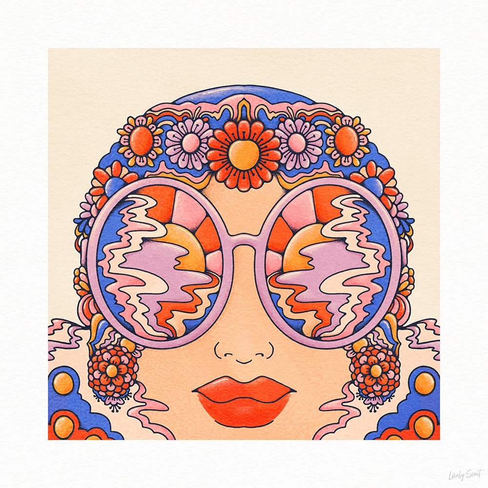 Groovy wall art in blue and red of a lady swimmer floating on water