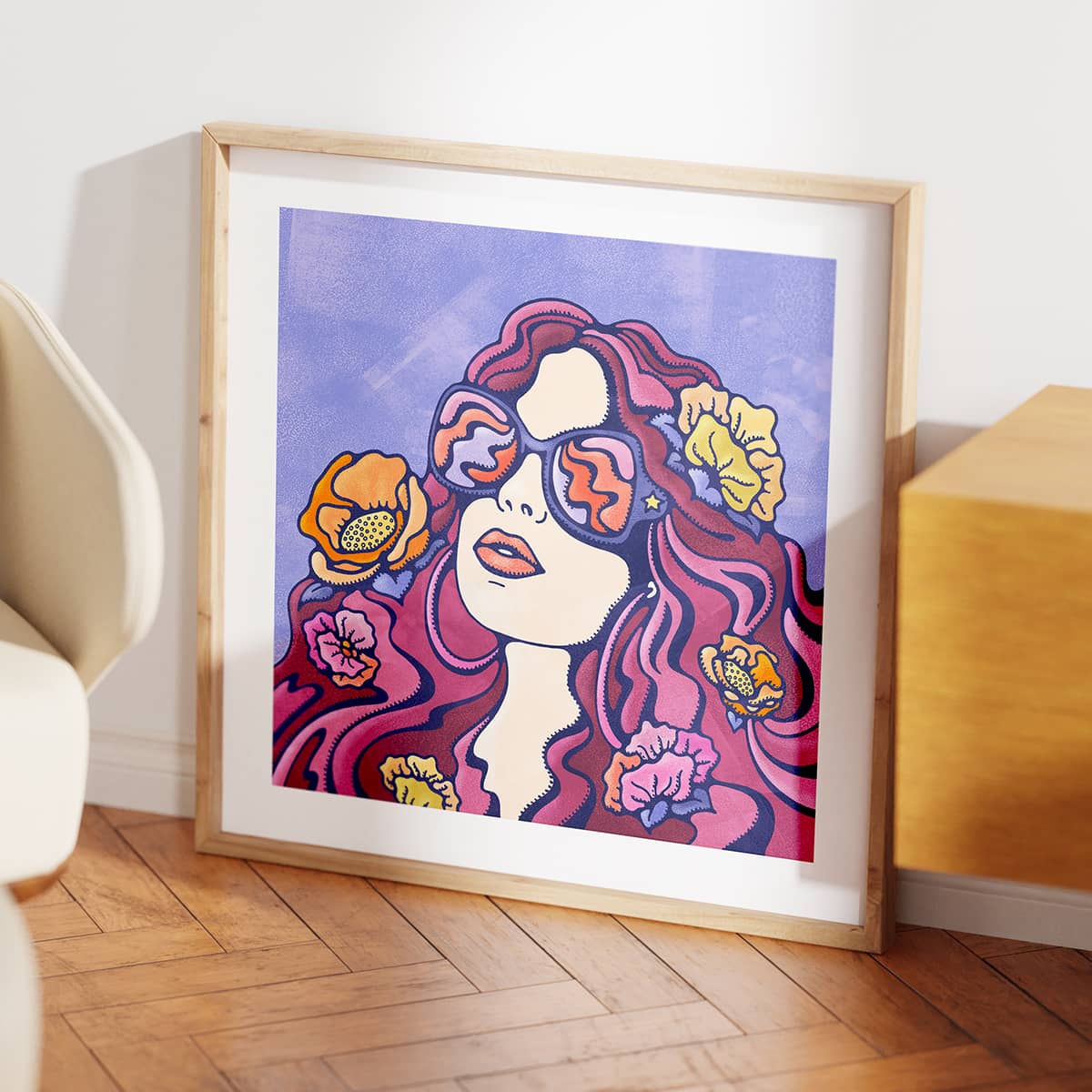 Boho bedroom featuring wall art of woman gazing into groovy sunbeams