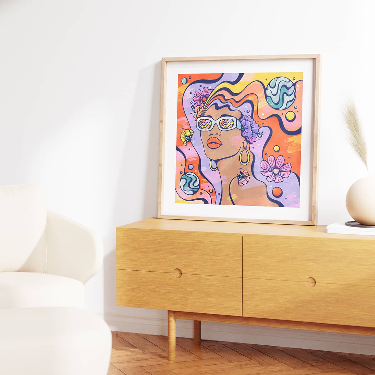 Modern lounge room featuring bold and graphic framed female sun gazer