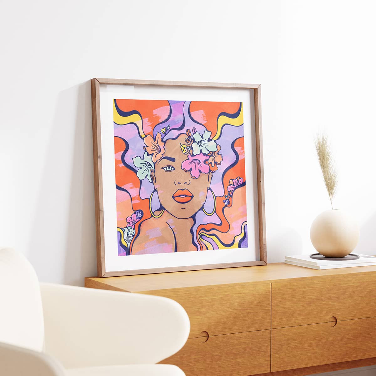 Groovy wall art in wood frame featuring tropical island swirls and a beautiful model portrait illustration