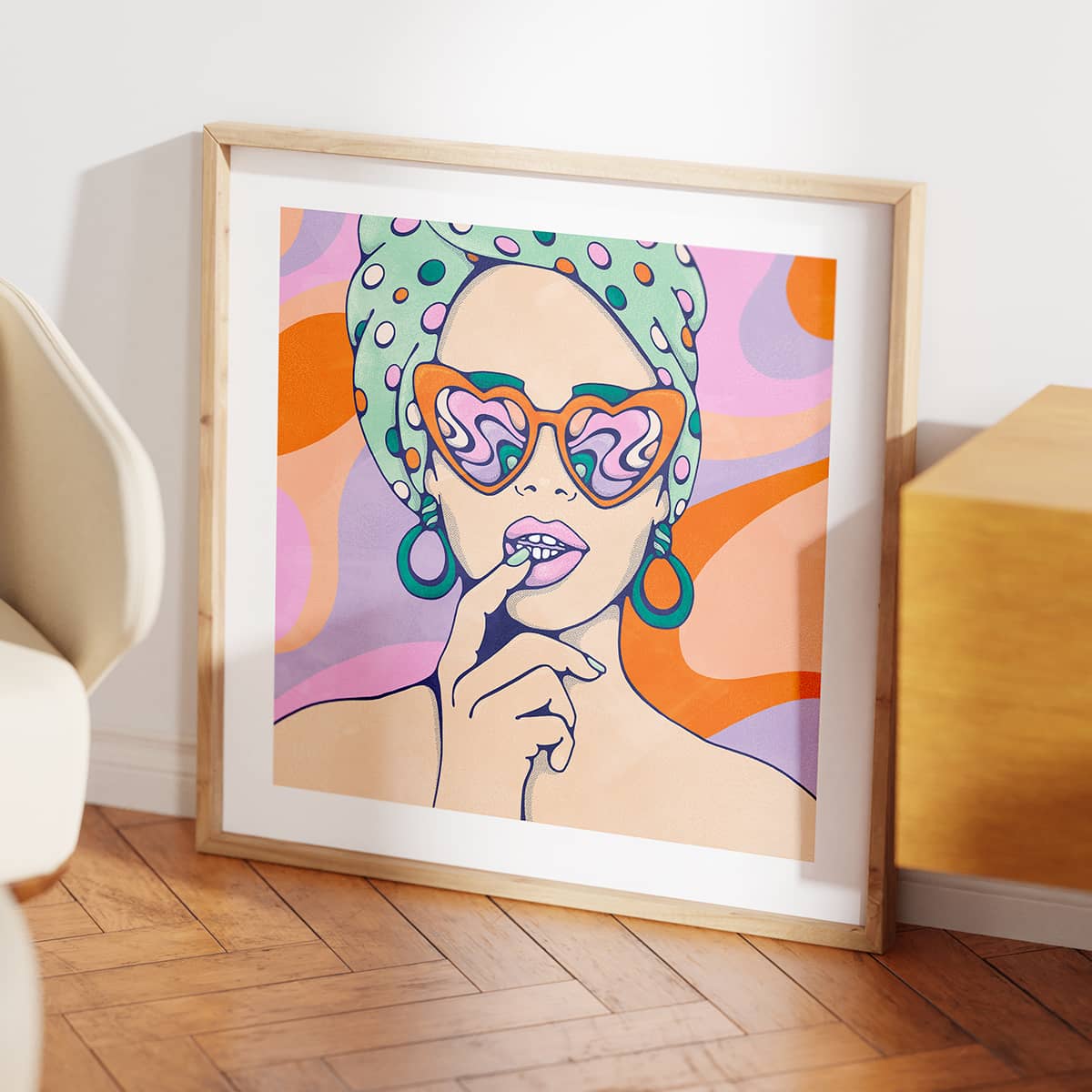 Beautiful woman wearing red sunglasses and green towel wall art in wooden frame