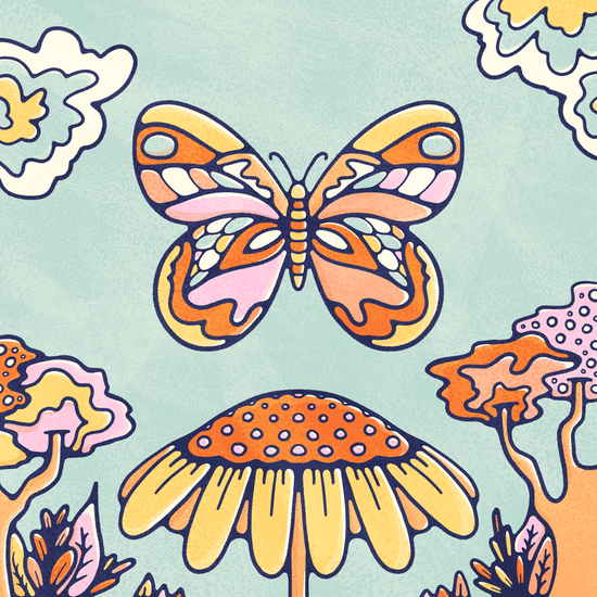 Art Print of a patterned butterfly sitting on a bed of daisies in blue and pastels pinks.