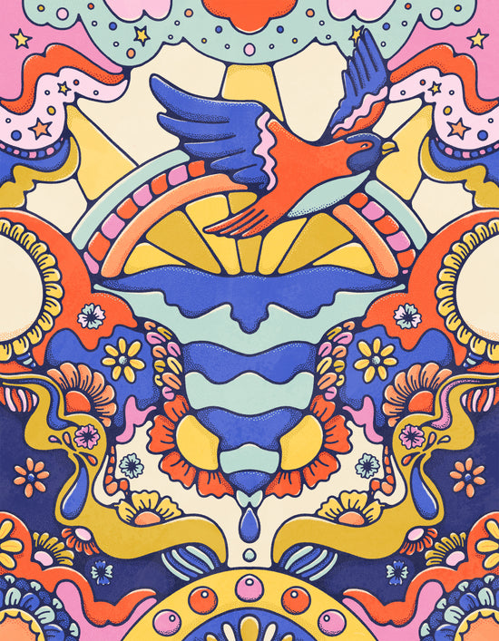 Peter Max inspired wall art of a bird over eden landscape in bold rainbow colours.