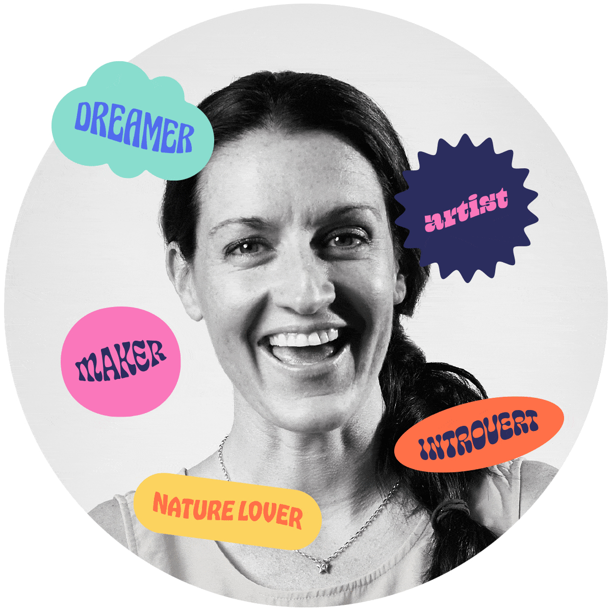 Lively Scout black and white artist headshot wearing 'dreamer, artist, nature lover, maker and introvert' stickers.