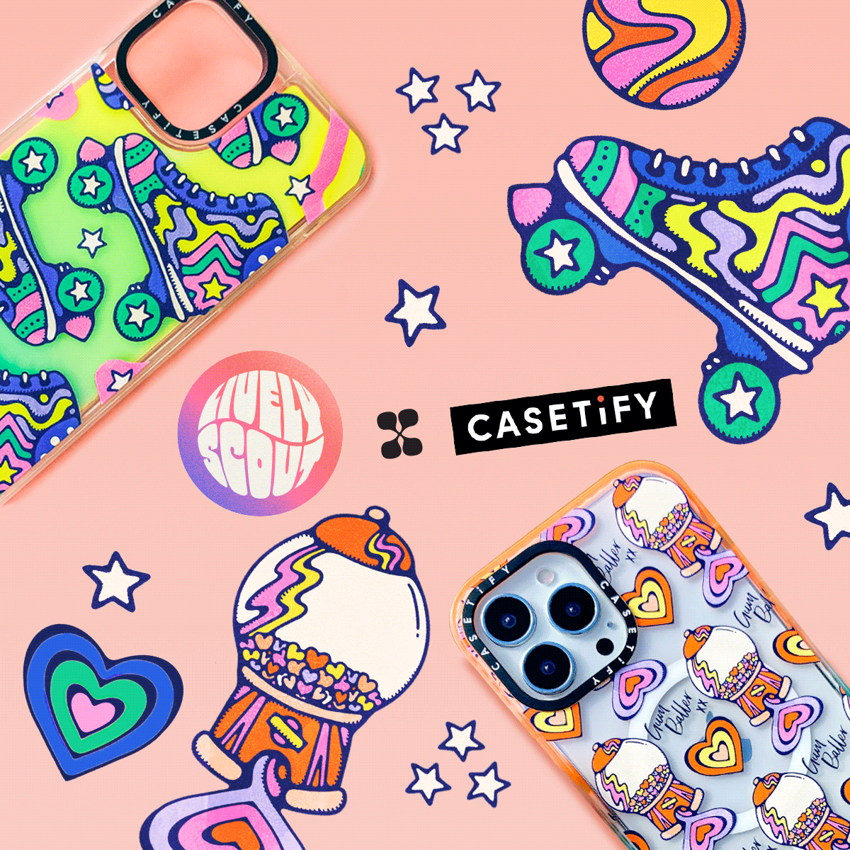 Lively Scout x Casetify phone case collaboration in retro roller skate and gumball designs.