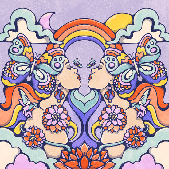 Cool tone art of twins metamorphosing into beautiful butterflies against a purple sky and rainbow.