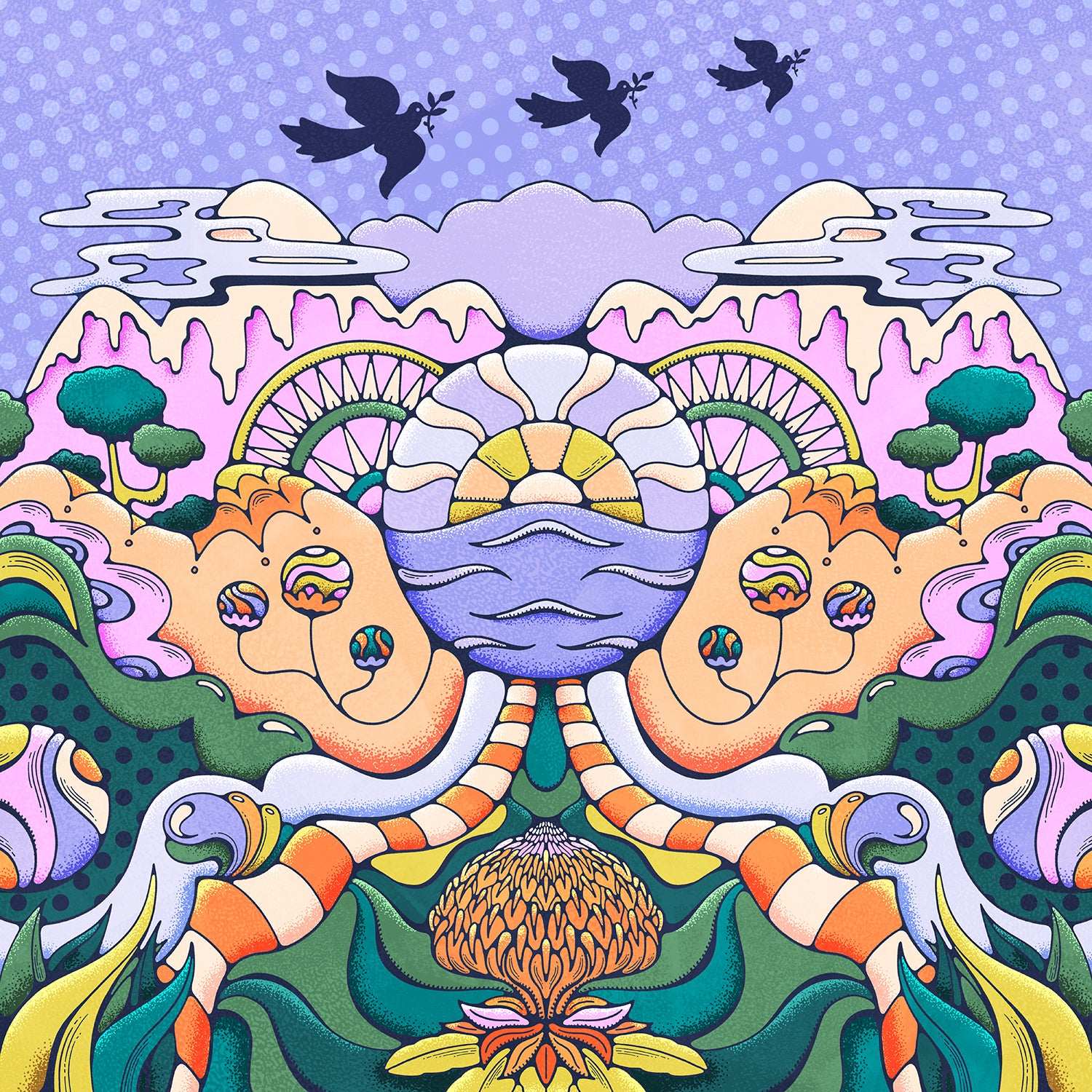 A surreal and psychedelic illustrated landscape with birds flying overhead