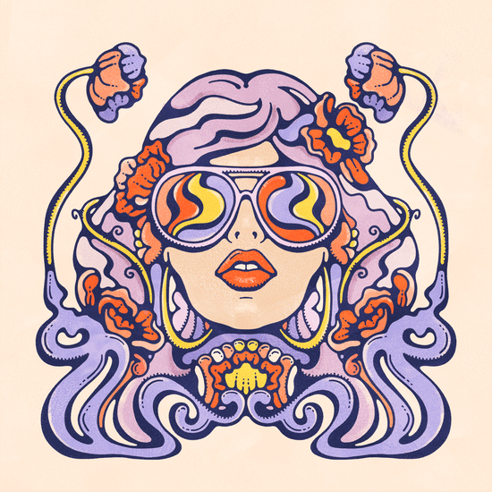 Retro art-nouveau style illustration of a confident woman in sunglasses surrounded by poppy flowers