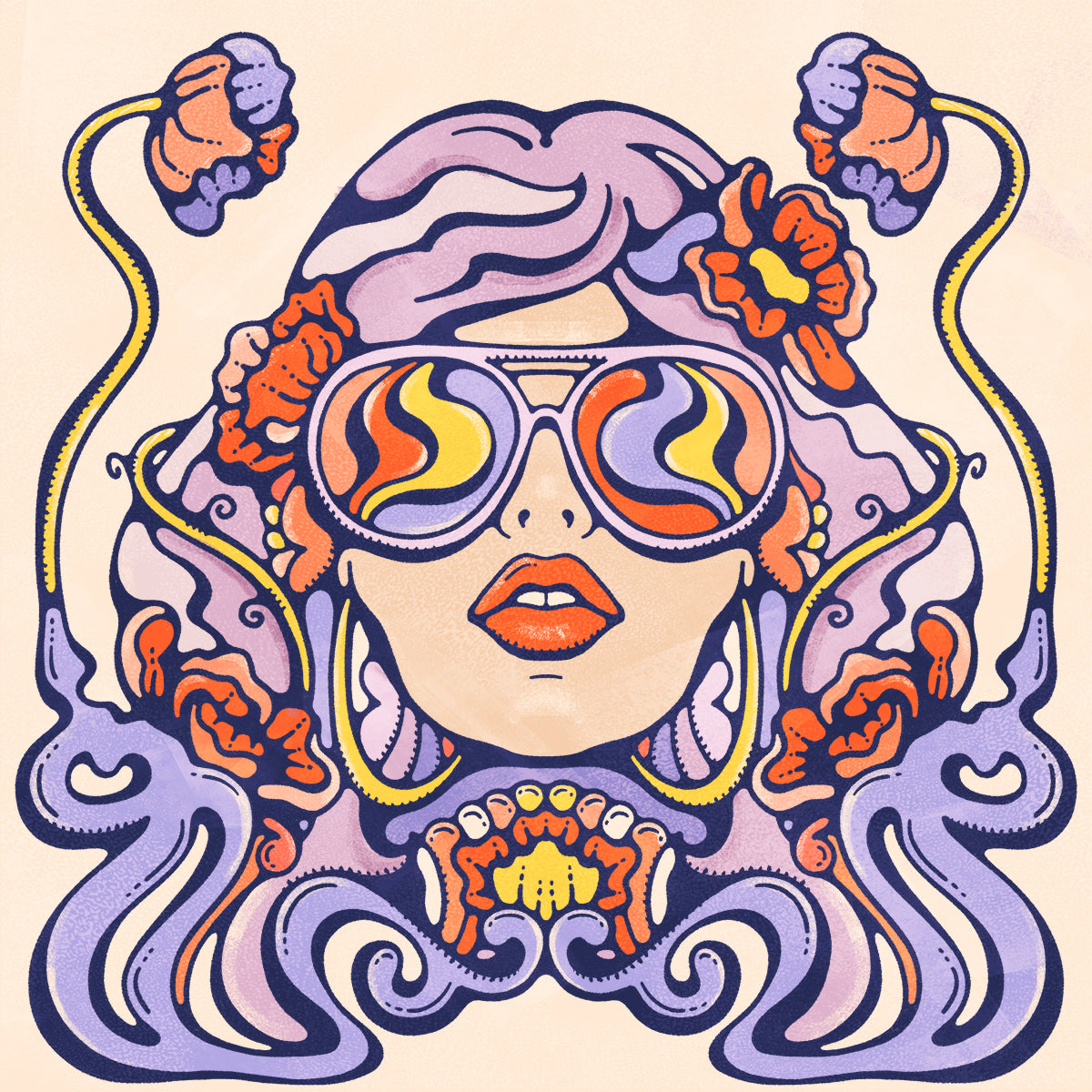 Art Nouveau inspired female potrait in groovy colours, wild sunglasses, surrounded by poppy flowers