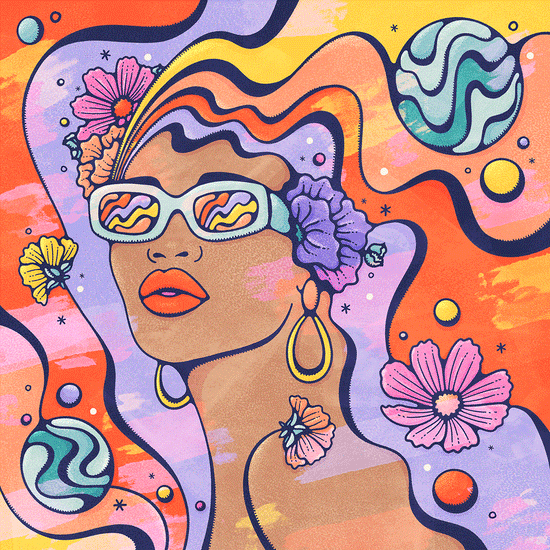 Bright coloured, groovy 'Sun Dreamer' surreal artwork