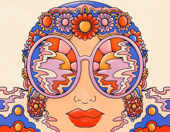 Beautiful female bather in oversized sunglasses, surrounded by a sea of florals.