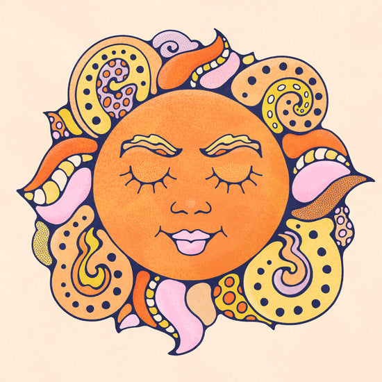 Vintage style sun character illustration wall art in warm red, orange and yellow.