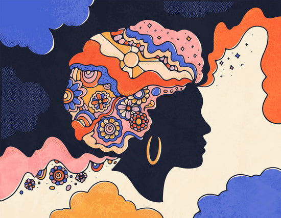 'Thinker' female silhouette, with retro hairstyle filled with flowers and boho blooms.