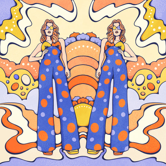 Symmetrical fashion illustration in warm orange and purple tones with retro patterns and linework.