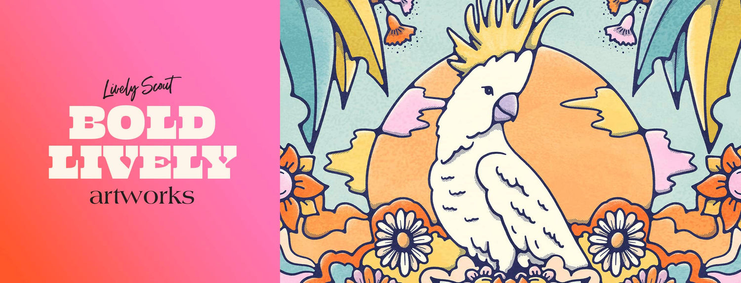 bold lively artwork banner in pink with classic cockatoo art print