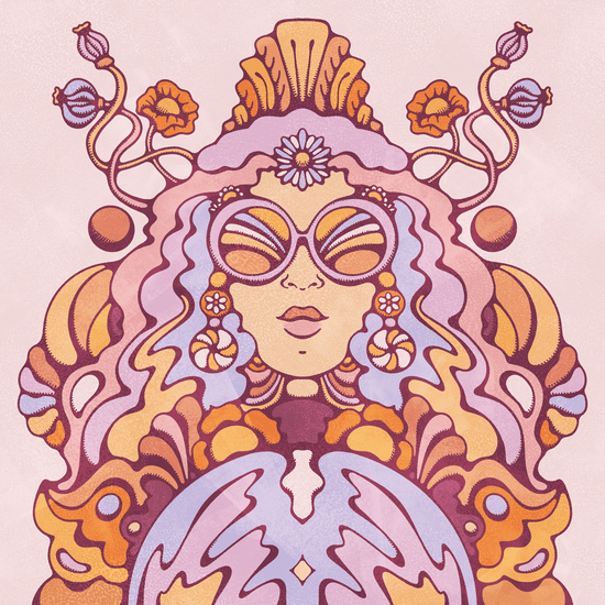 Magical, mystical woman with a crystal ball in cool purple tones.