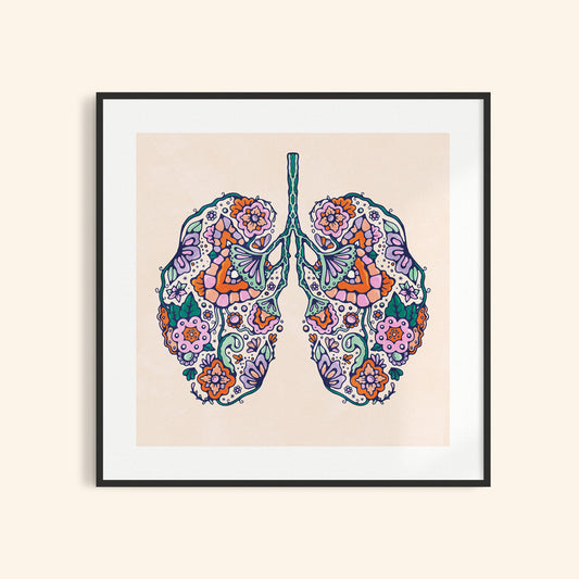 Art print of lungs made from flowers and groovy organic swirls.