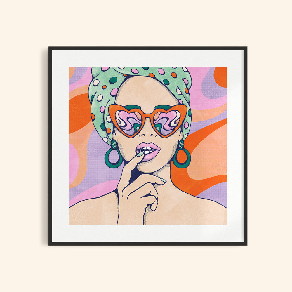 Pop art woman portrait with heart shape sunglasses and retro swirls