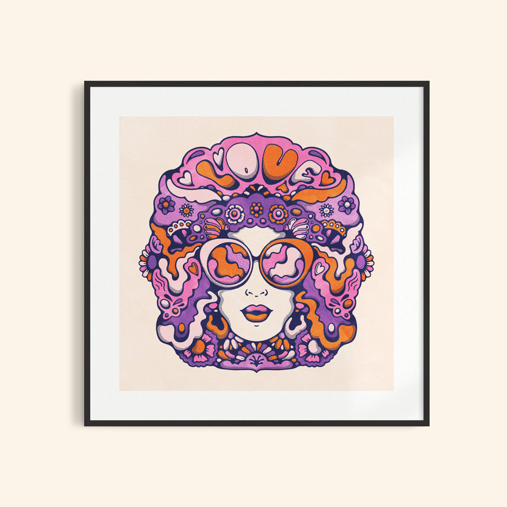 Seventies style wall art of a groovy woman in pink and purple