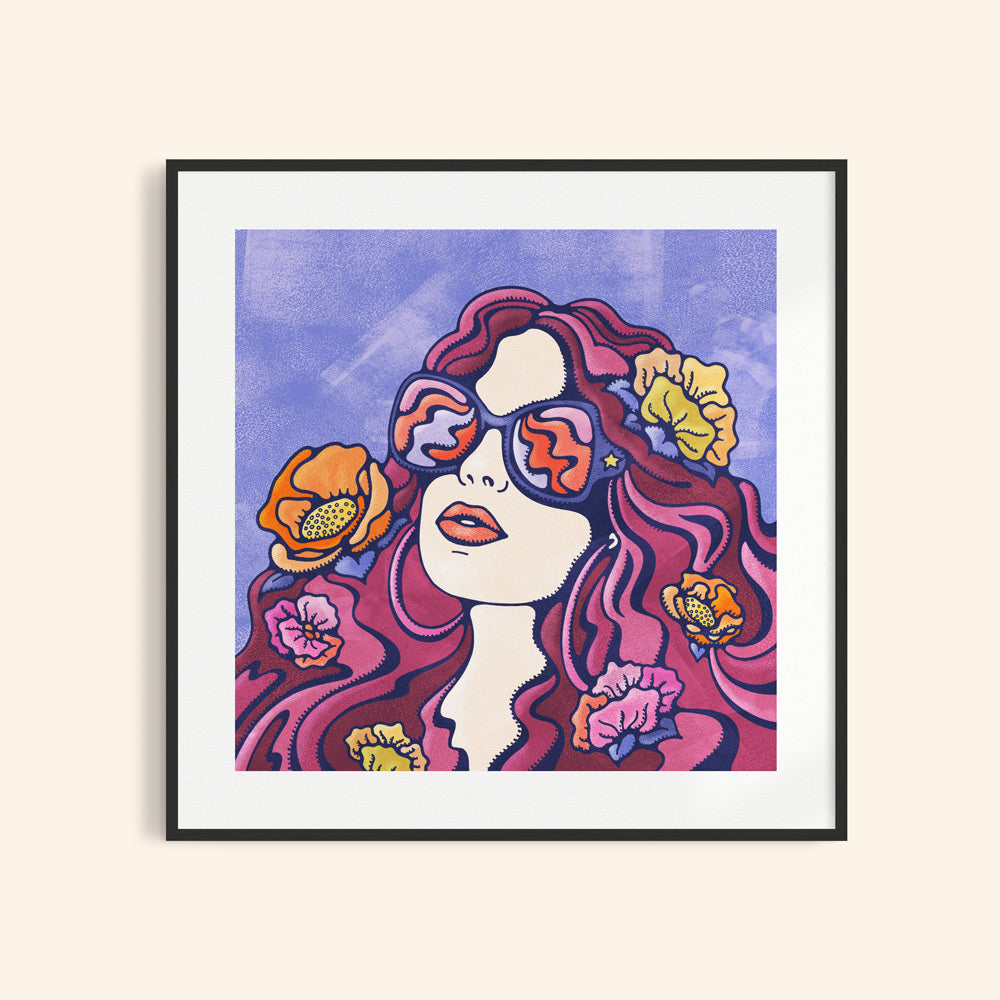 Boho wall art of woman with flowers in her hair gazing into the summer sun