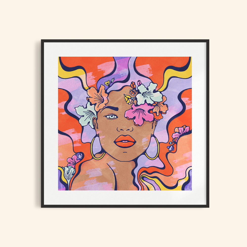 Vibrant art print of a girl with full lips, covered in flowers against groovy waves.